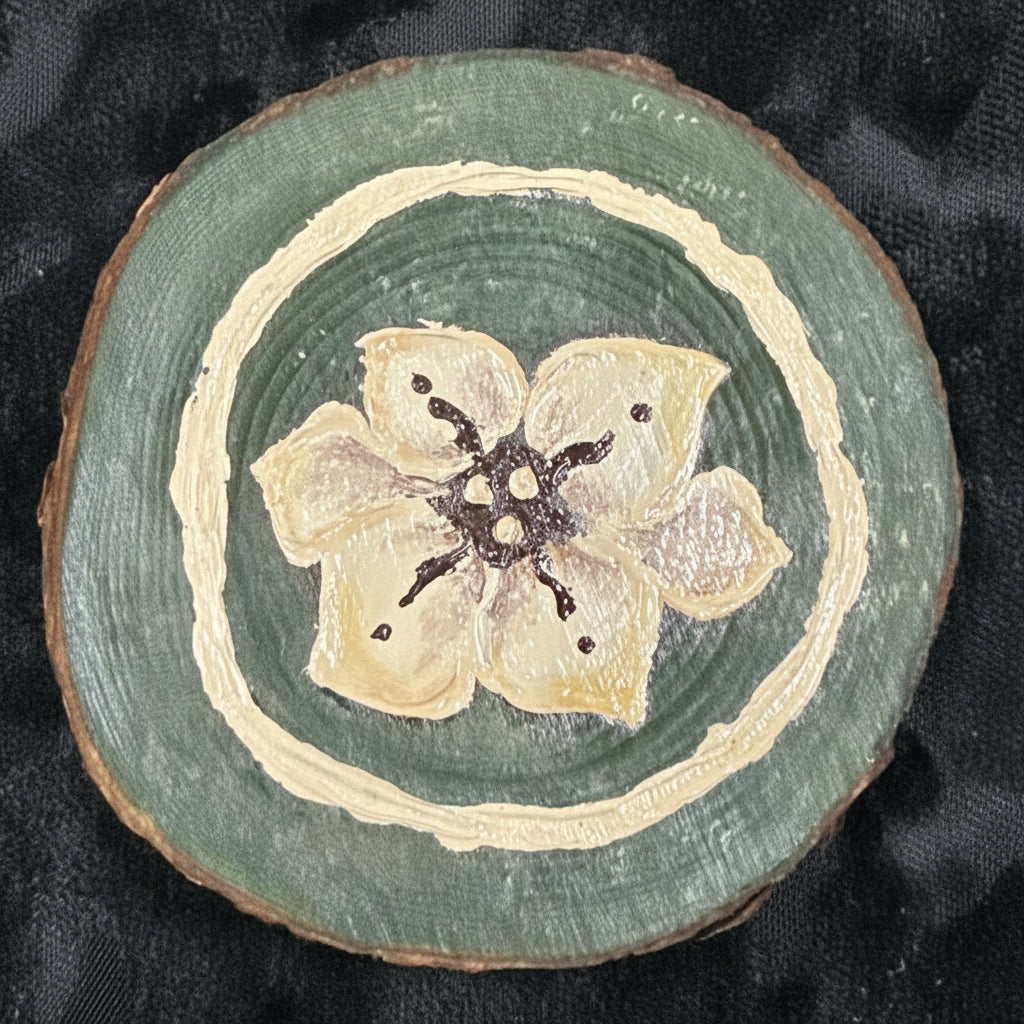 Decorative wooden coaster with floral design on a dark fabric background