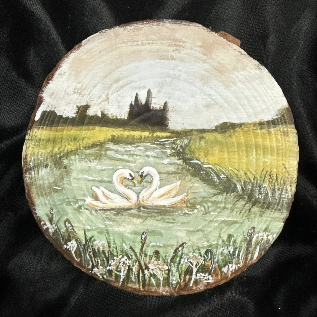 Decorative wooden coaster with a design on a black background